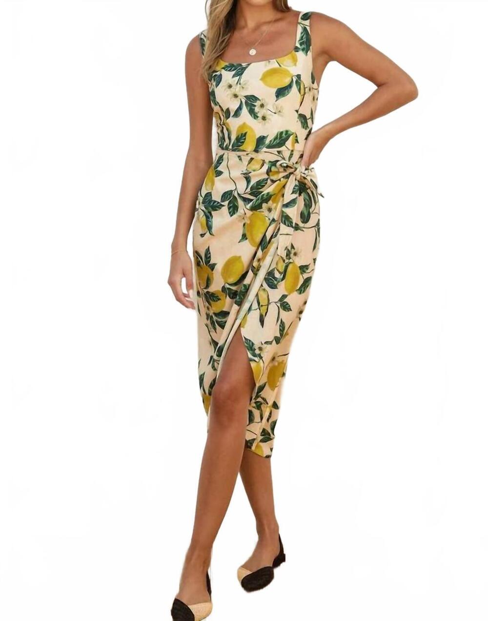 NEW DRESS FORUM tulip hem midi wrap dress in lemon garden